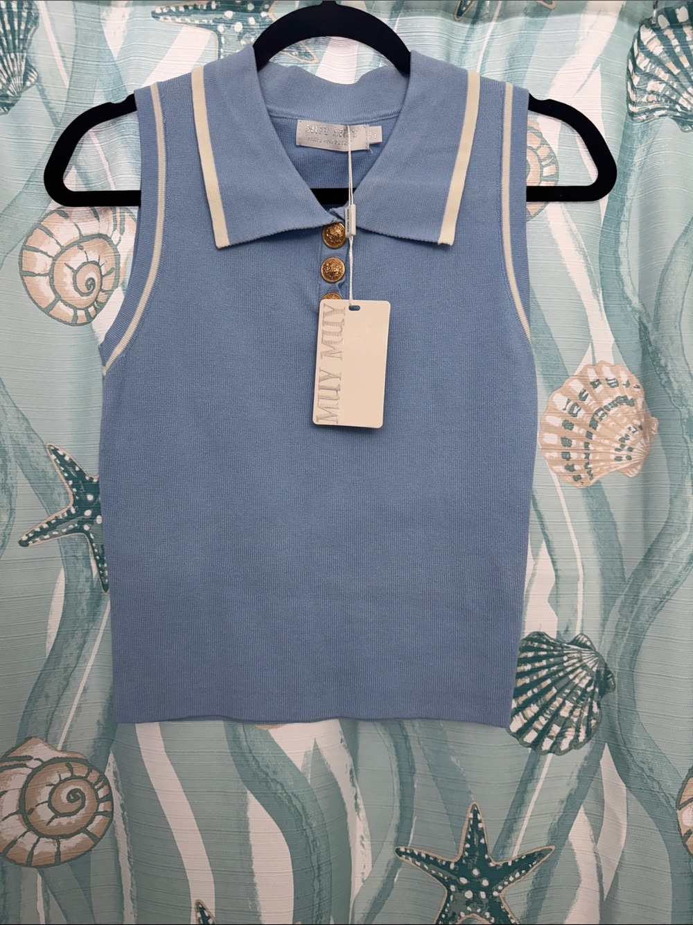 Milly Sleeveless Polo Tank in Light Blue with White Trim